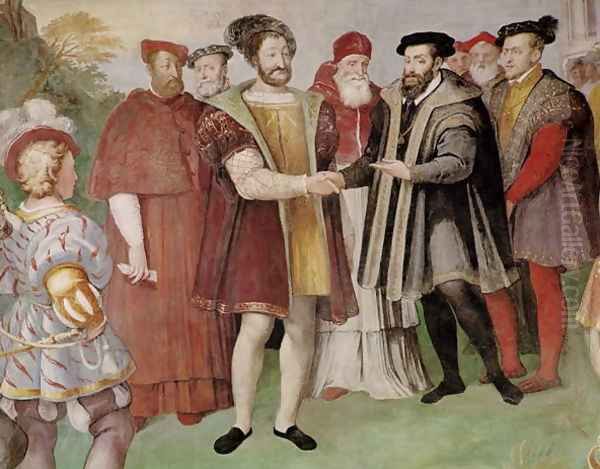 The Truce of Nice between Francis I (1494-1547) and Charles V (1500-58) from the Sala del Consiglio Trento Oil Painting by Taddeo Zuccaro