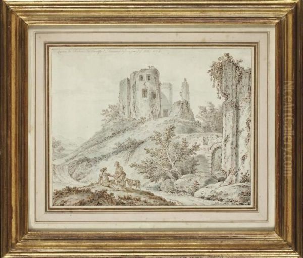 Ruines Du Chateau De Montfort L'amaury Avec Des Bergers Au Premier Plan Oil Painting by Johann Georg Wille