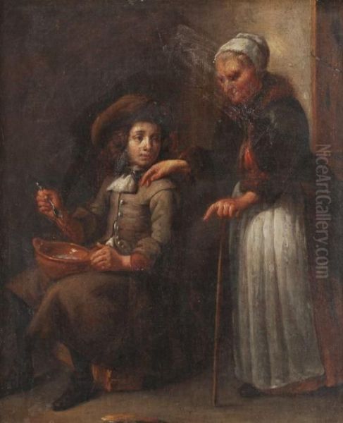 A Peasant Interior With An Old Woman And A Young Boy Eating Oil Painting by Abraham Willemsens