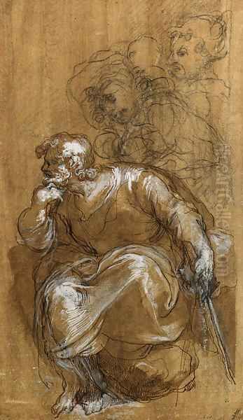 A seated bearded Man in profile to the left, three standing figures beyond Oil Painting by Taddeo Zuccaro