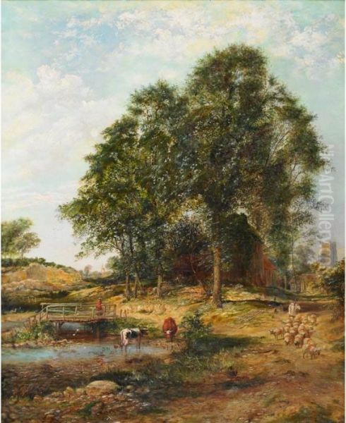 Shepherd Leading A Flock Of 
Sheep Towards A Pool With Cattle Watering And Distant Windmill Oil Painting by Edward Jr Williams