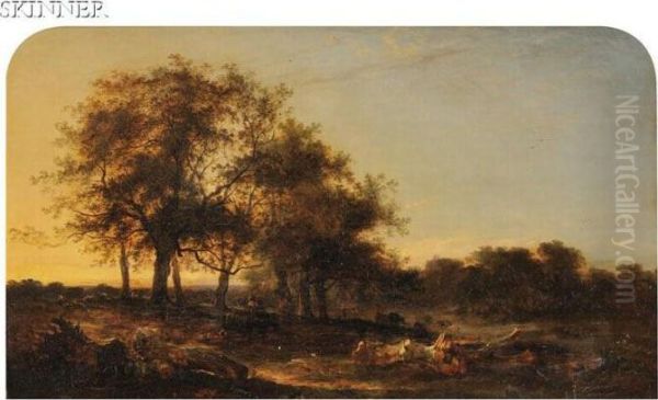 Evening, View Near Some Oaks. Kent. Oil Painting by George Augustus Williams