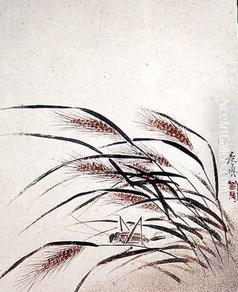 Grasshopper and wheat Oil Painting by Shibata Zeshin