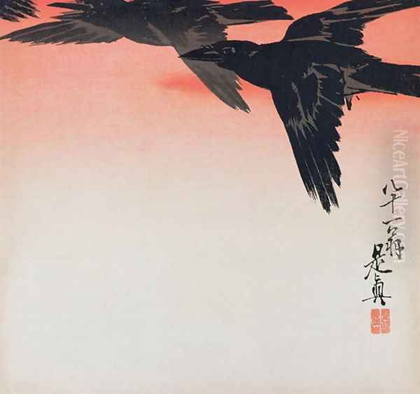 Crows in flight in a red sky Oil Painting by Shibata Zeshin