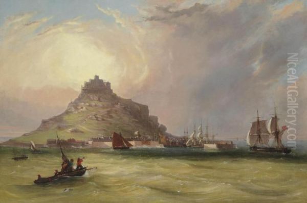 A Merchantman Running Into The Harbour At St. Michael's Mount At Sunset Oil Painting by William Williams