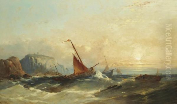 A Heavy Swell Off A Fortified Headland Oil Painting by William Harry Williamson