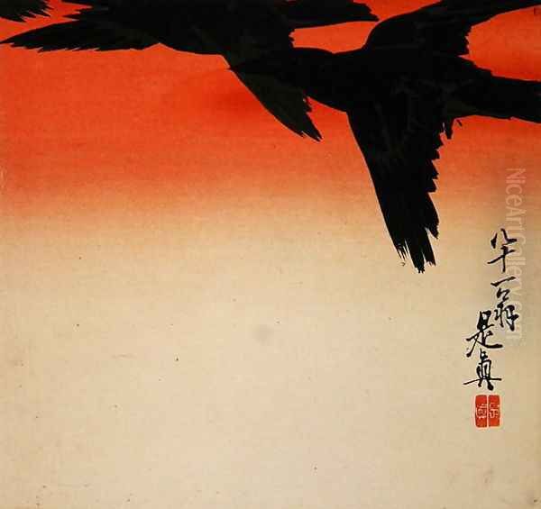 Crows in Flight at Sunrise, 1888 Oil Painting by Shibata Zeshin