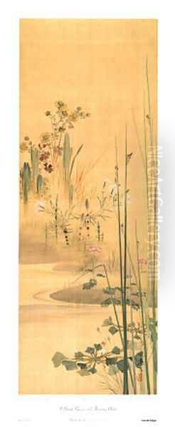 Stream, Grasses and Flower Plants 2 Oil Painting by Shibata Zeshin