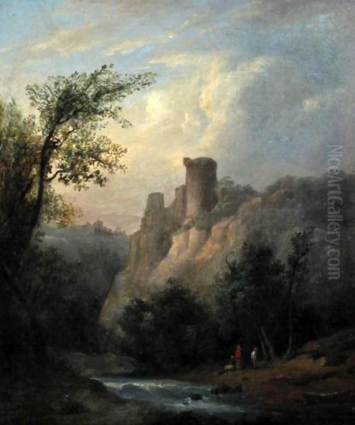 Landscape With River, Castle And Figures Oil Painting by Richard Wilson