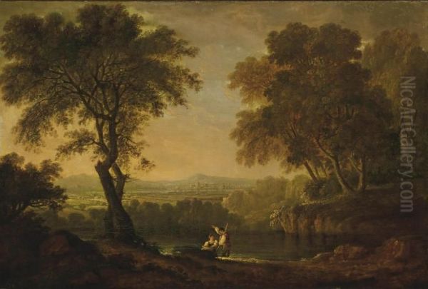 A Wooded River Landscape With Figures Conversing, A Settlement Beyond Oil Painting by Richard Wilson