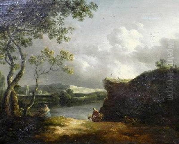 Figures In An Extensive Italianate Lake Landscape Oil Painting by Richard Wilson