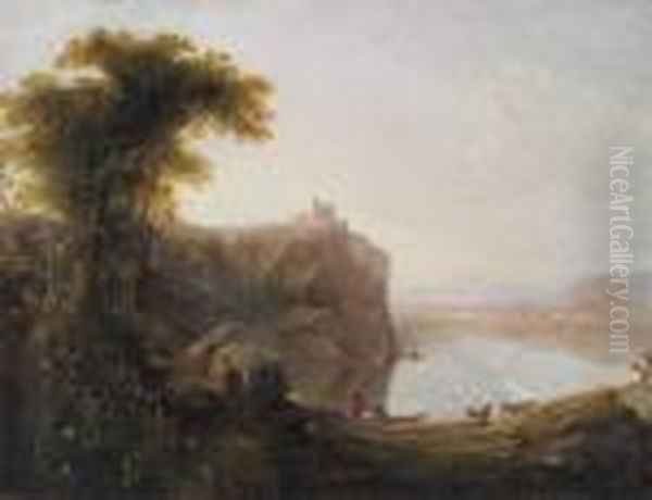 Figures And Goats In A Landscape, A Ruin Beyond Oil Painting by Richard Wilson