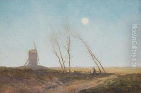 A Moonlit Landscape With A Windmill; A Moorland Track Oil Painting by William Tatton Winter