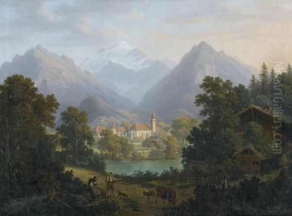 Idyllische Landschaft Mit Bergkulisse Und Dorf Oil Painting by Anton Winterlin