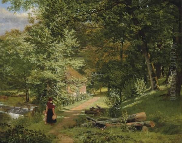 A Mother And Child On A Wooded Path Before A Watermill Oil Painting by William Frederick Witherington