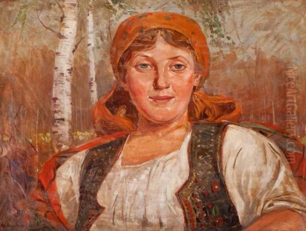 Dziewczyna W Krakowskim Stroju Oil Painting by Wincenty Wodzinowski