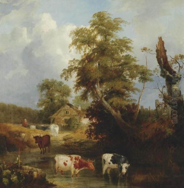 A Wooded River Landscape With Cattle Watering Oil Painting by Jan Baptist Wolfaerts