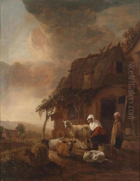 A Rustic Scene With Cattle Near A Farmhouse Oil Painting by Jan Baptist Wolfaerts