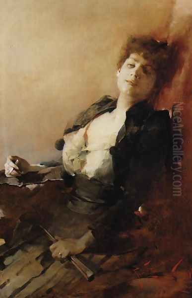 Portrait of a Woman with a Fan and a Cigarette Oil Painting by Franciszek Zmurko