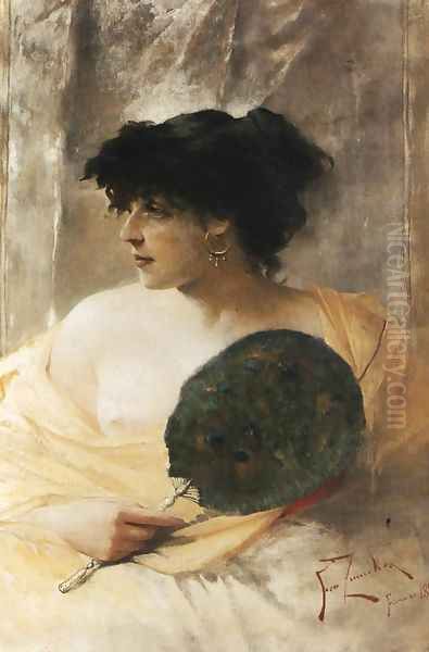 Woman with a Fan Oil Painting by Franciszek Zmurko