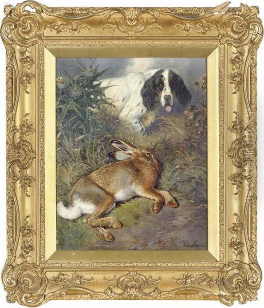 Hare And A Setter In A Landscape Oil Painting by William Arnold Woodhouse