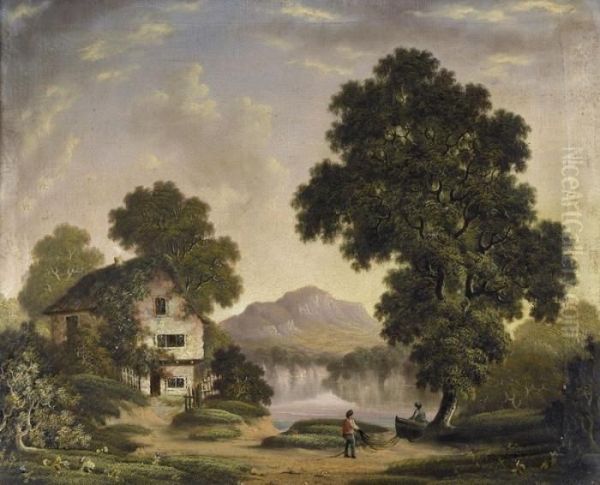 Idyllische Landschaft Mit Fischern Oil Painting by Robert, Reverend Woodley-Brown