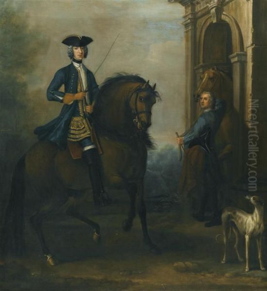 Portrait Of A Gentleman On 
Horseback, Probably James Douglas-hamilton, 5th Duke Of Hamilton And 2nd
 Duke Of Brandon (1703-1743), Mounted On A Bay Hunter, With His Groom 
Holding Another Horse By A Classical Arch, And A Greyhound Oil Painting by John Wootton