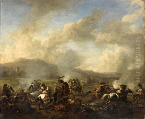 Combat De Cavalerie : L'attaque D'un Convoi Dans Un Champ De Bl Oil Painting by Pieter Wouwermans or Wouwerman