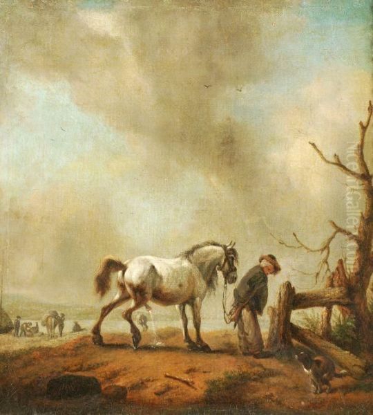 A Peasant Attending To A Horse Oil Painting by Pieter Wouwermans or Wouwerman