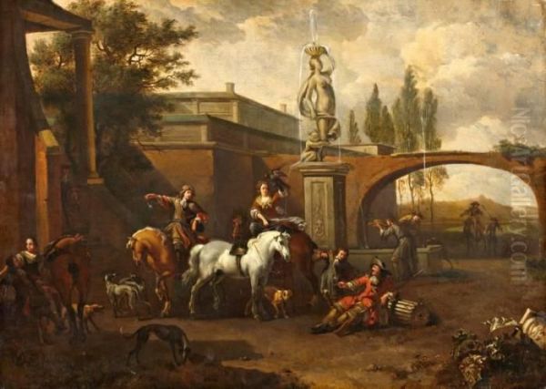 Elegant Gezelschap Bij Een Fontein Oil Painting by Pieter Wouwermans or Wouwerman