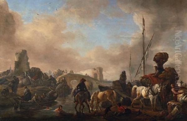 Sudliche Flusslandschaft Oil Painting by Pieter Wouwermans or Wouwerman