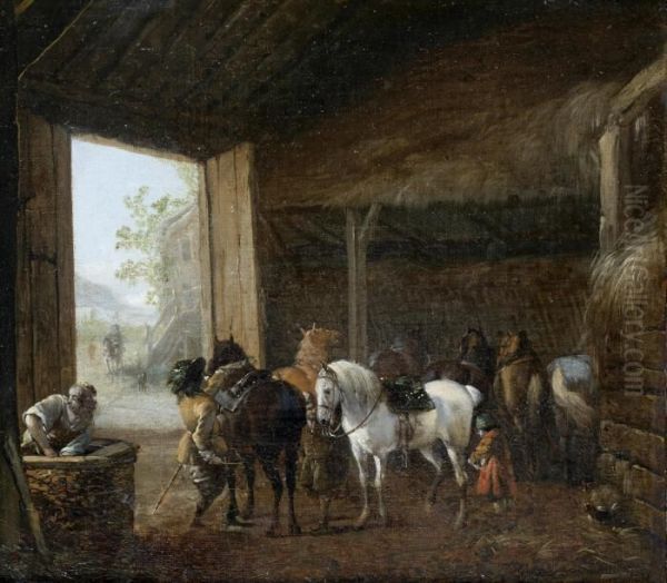 A Stable Interior With Two 
Horses Being Saddled And Other Horses Standing In Their Stalls Oil Painting by Pieter Wouwermans or Wouwerman