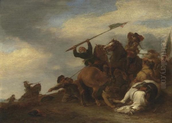 A Cavalry Skirmish Oil Painting by Pieter Wouwermans or Wouwerman