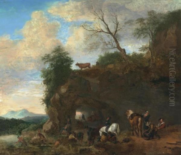 Figures In A Landscape Oil Painting by Pieter Wouwermans or Wouwerman