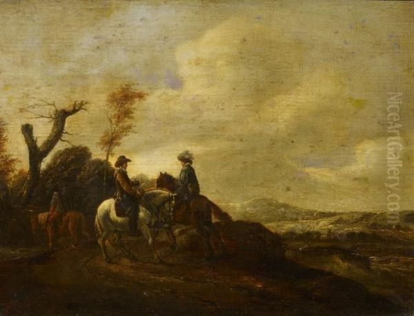 Rider In An Open Dutch Landscape Oil Painting by Pieter Wouwermans or Wouwerman