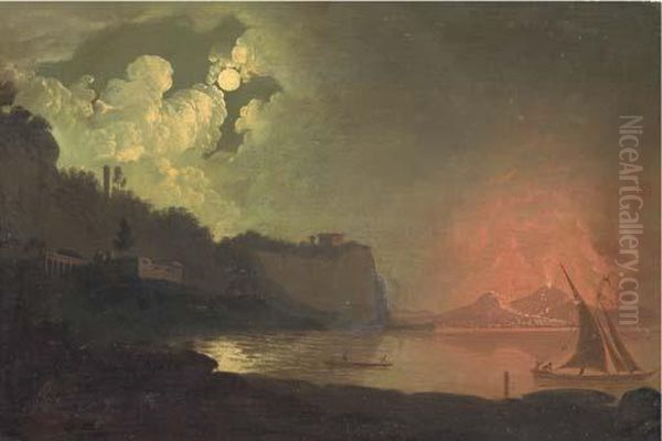 An Italianate Moonlit Coastal Scene Oil Painting by Josepf Wright Of Derby