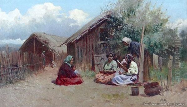 Maori Outside Whare Oil Painting by Walter Wright