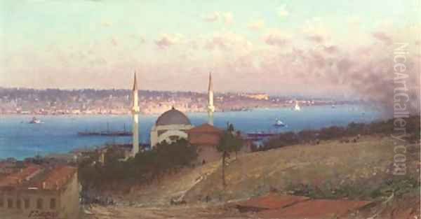 The Dolmabahce Mosque and askutdar as seen from the hills of Gutmutssutyut, Constantinople Oil Painting by Fausto Zonaro