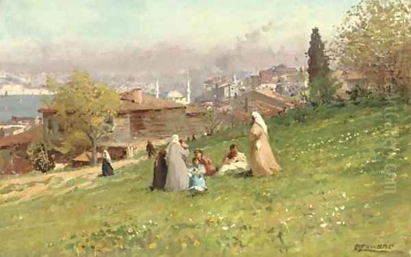 Sulle alture di Scutare (On the hills of Uskudar) Oil Painting by Fausto Zonaro