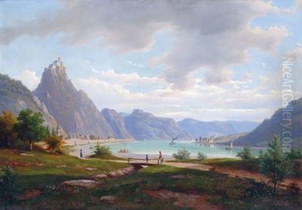 Mittelrheinlandschaft Mit Einer Hochgelegenen Burg Und Einem Dampfschiff Oil Painting by Walther Wunnenberg