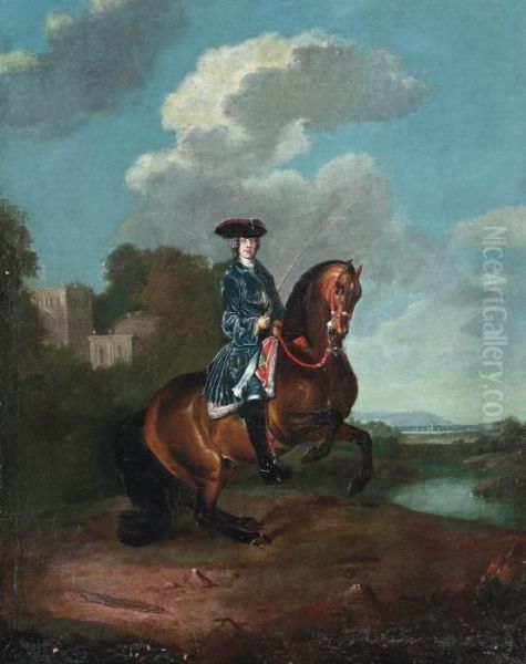 Portrait Of A Gentleman On Horseback, A Lake Beyond Oil Painting by Jan Wyck