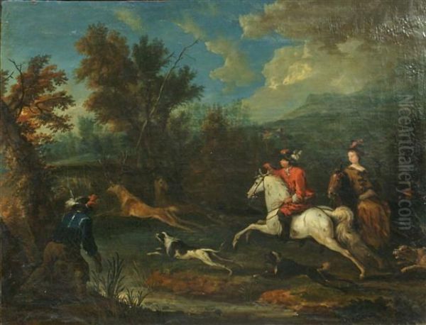 A Stag Hunt Oil Painting by Jan Wyck