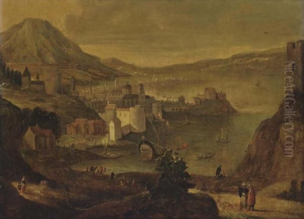 A Coastal Town With Figures, Mountains Beyond Oil Painting by Thomas Wyck