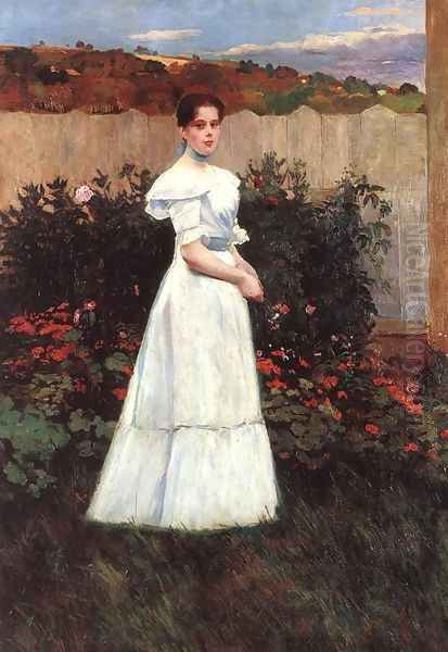 Young Lady in Flower Garden Oil Painting by Tivadar Zemplenyi