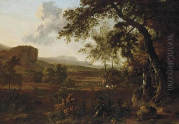 An Italianate Landscape With Travellers On A Track Oil Painting by Jan Wijnants