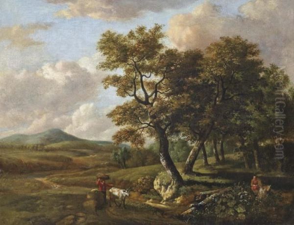 A Wooded Landscape With Drovers And Their Cattle On A Track Oil Painting by Jan Wijnants