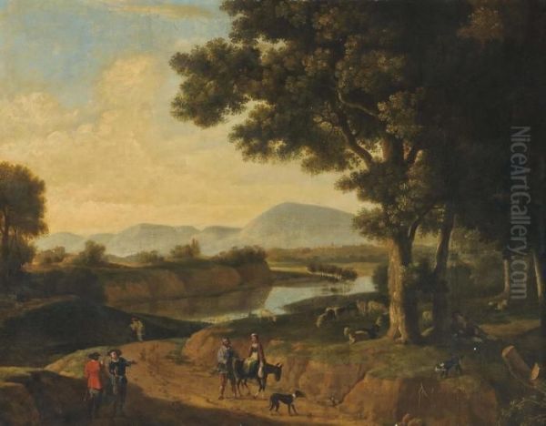 A Wooded River Landscape With Travellers On A Track And A Shepherd And His Flock Oil Painting by Jan Wijnants