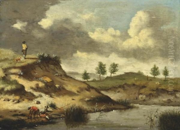 A River Landscape With Anglers On A Bank Oil Painting by Jan Wijnants