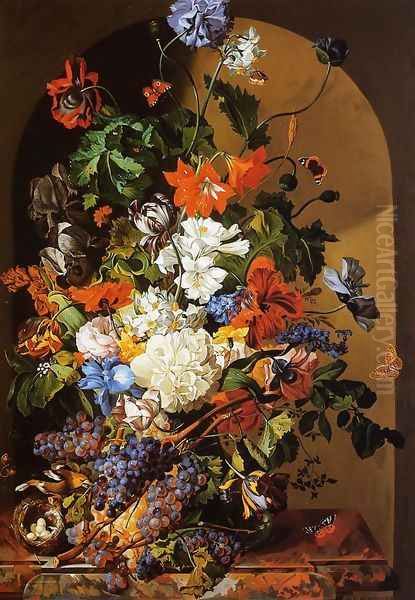 A Still Life with Flowers and Grapes Oil Painting by Leopold Zinnogger