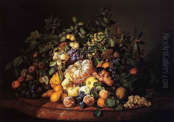 A Still Life of Fruit on a Marble Ledge Oil Painting by Leopold Zinnogger